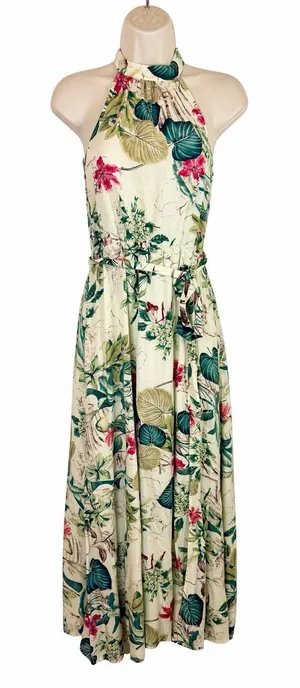 SHEIN XS 2 Tropical Floral Halter Maxi Dress Cream Green Pink Viscose Belted thumbnail 1
