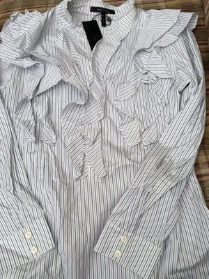BCBGMaxAzria Blue and White Striped Ruffle Button-Front Blouse thumbnail 1