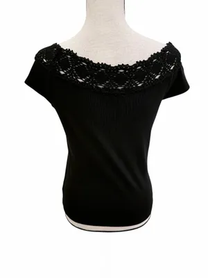 Lauren Ralph Lauren Black Crochet Yoke Boat Neck Cap Sleeve Blouse Staple Size M thumbnail 3