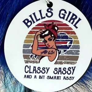 NFL Inspired Bills Girl Round Keychain With Faux Fur Pom Pom New thumbnail 2