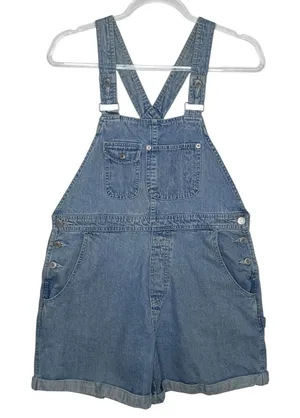 1990s Gap Denim Shortalls Overalls Light Wash Blue Made In Hong Kong Cotton M thumbnail 1