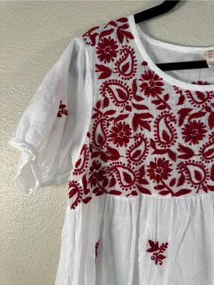 Raga White Red Embroidered Floral Babydoll Blouse Womens L Boho Cotton Top thumbnail 12