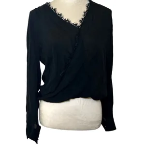 L'AGENCE Rosario Top Black 100% Silk Wrap Blouse Lace Trim V-Neck small classic thumbnail 2