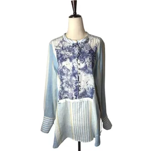 Soft Surroundings‎ Shirt Women Medium Blue Floreale Striped Popover Linen Top thumbnail 2