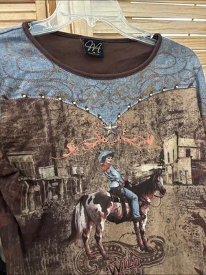 Katina Marie Brown and Blue Western Graphic Long Sleeve Tee Medium thumbnail 2