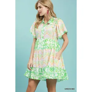 Umgee Mixed Floral Tiered Mini Dress with‎ Flutter Sleeves - Green Mix - Small thumbnail 2