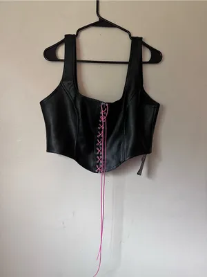 Blackmilk Black Faux Leather Corset Crop Top with Pink Lace-Up thumbnail 5