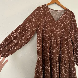 🦋 Brown White Polka Dot Ruffle Long Sleeve Baloon Sleeve Mini Dress Fall XL thumbnail 2