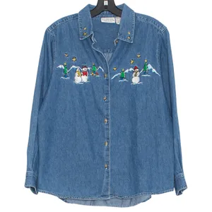 Vintage Basic Editions Holiday Top Denim Embroidered Festive 90s Button Medium Blue thumbnail 1