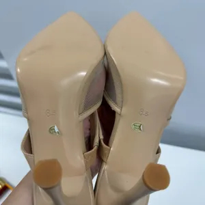 Nude Mesh Pointed Toe Mules Double Strap Stiletto Heels Beige Size 8.5 Tan thumbnail 4