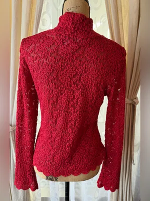 Forenza Red Lace Mock Neck Long Sleeve Top Scallop Hem Top Size Small 90’s Y2K thumbnail 5