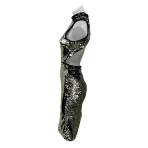 H&M Women's Black Silver Sleeveless Metallic Sequin Cutout Bodycon Midi Dress 4 thumbnail 2