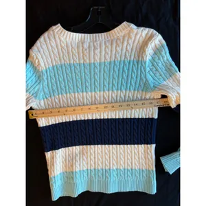 Lands End Drifter Cable Knit Sweater Blue Cream Striped Cotton Crew Neck S 6-8 thumbnail 6