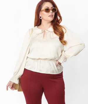 Unique Vintage NWT Champagne Satin Peplum Blouse X-LARGE thumbnail 1
