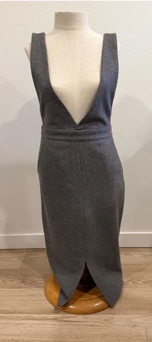 J.S.T Gray Wool Blend Pinafore Midi Dress Deep V-Neck Sleeveless Jumper Size L thumbnail 1