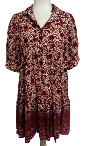 Natural Life Floral Boho Tiered Shirt Dress Rayon Collared Button Front Pink (S) thumbnail 1