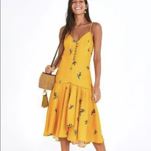 Farm Rio 100% Linen Jungle Tucanos Button Midi Yellow Embroidered Dress Sz XS thumbnail 3