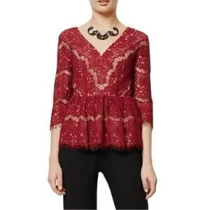 Anthropologie Maeve Lace Peplum Top Burgundy Large thumbnail 3
