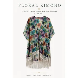 Floral Kimono Cover-Up With Fringe Hem & Tie Closure Multiple Colors M/L thumbnail 6