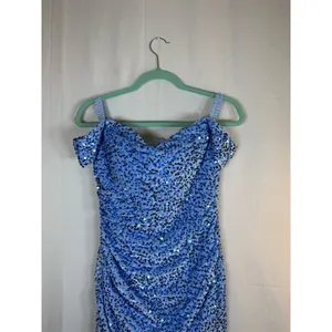 Womens Blue Sequin Ruched Bodycon Mini Dress Sweetheart Off Shoulder thumbnail 2