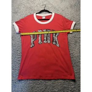Victoria's Secret PINK L Sequin Logo Ringer T-Shirt Red Cotton thumbnail 5