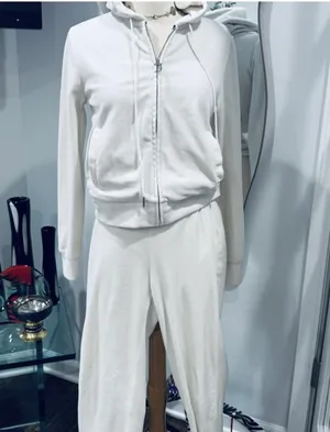 Juicy Couture Bling Velour Tracksuit Jacket Hoodie & Pants in Cream Soda thumbnail 5