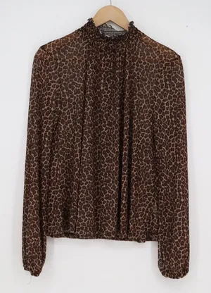 Wild Fable Brown Leopard Print Sheer Mesh Smocked Mock Neck Blouse Large L thumbnail 1