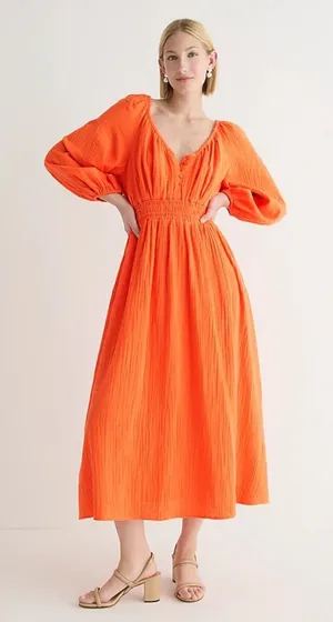 NWT J. Crew Orange Gauze Smocked Waist Midi Maxi Balloon Sleeve‎ Cotton Dress XS thumbnail 1