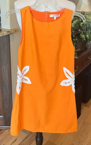 LaLavon Orange Cotton Floral Appliqué Shift Dress thumbnail 1