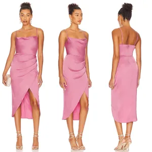 More to Come Adonia Pink Satin Wrap Midi Dress With Cowl Neckline And Tulip Hem thumbnail 2