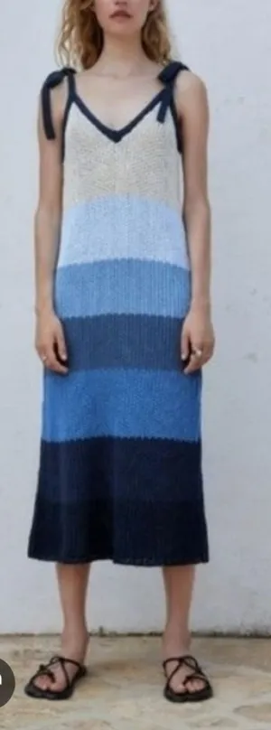 NWOT ZARA Striped Blue Ombre Crochet Chunky Knit Midi Dress Womens Small thumbnail 1
