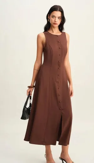 Rihoas Brown Round Neck Button Sleeveless Maxi Dress thumbnail 4