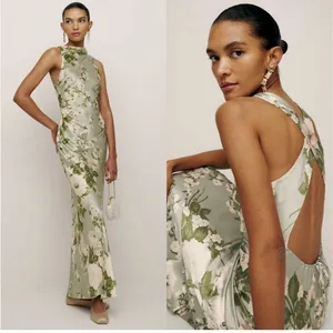 Reformation Anaiis Silk Dress Tarragon Floral Green Open Back High Neck Size 6 thumbnail 3