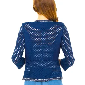 VIRGIN ONLY S Lady Navy Chic Open Eyelet Front Metallic Silver Trim Waist Blazer thumbnail 4