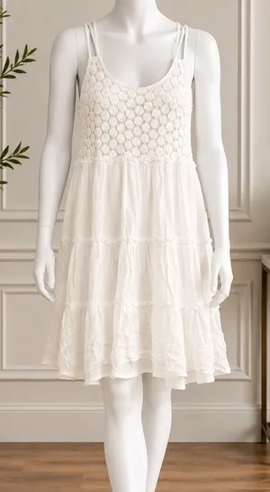 Maurices Women Dress White Crochet Lace Tiered Sleeveless Sun Dress Size Large thumbnail 1