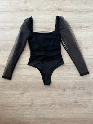 Lulus Dare To Be You Black Tulle Ruched Long Sleeve Bodysuit thumbnail 2