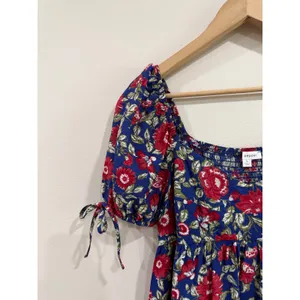 Pepper Floral Puff Sleeve Mini Dress Blue Red Smocked Back Coquette Size L thumbnail 5