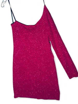 Plus size Pink One-Shoulder Sparkle Mini Dress with sequins, Stretchy Size 2X. thumbnail 1