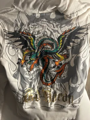 Ed Hardy Women's White Zip-Up Hoodie with Tiger and Dragon Graphic thumbnail 6
