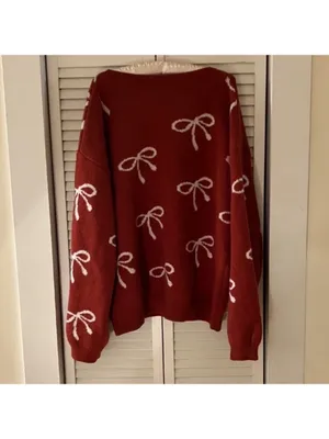 Rustic Orange Chunky Pullover Fall Coquette Sweater Bow Print Size XXL thumbnail 4