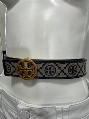 Tory Burch Black and Beige Logo Web Belt with Gold Medallion Buckle Size Small thumbnail 3