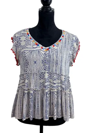 THML Woman S Blue Cream Geometric Print Tiered Babydoll Gauzy Rainbow Embroidery thumbnail 1