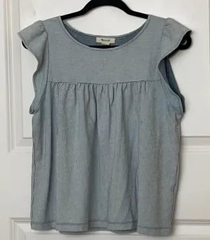 Madewell Ruffle Sleeve Blue Striped Top Medium Butterfly Sleeve thumbnail 1