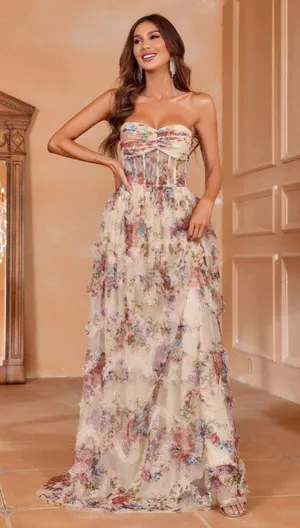 Faeriesty Ruched Bustier Ruffle Trim Hem Floral Print Tube Dress thumbnail 1