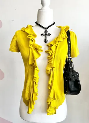 Butter Yellow Ruffle Cardigan, Cottagecore, Soft Girl, Vintage,‎ Feminine, Small thumbnail 1