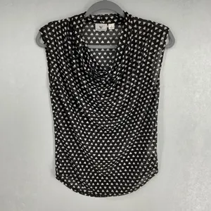 Worthington Womens Blouse Black White Geometric Mesh Cowl Neck Small thumbnail 2