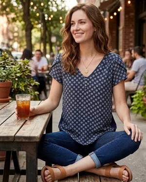 Boutique Charming Navy Blue Patterned Blouse with Ruffle Detail thumbnail 1