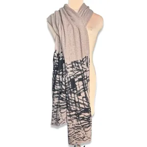 Neutral Taupe Beige Abstract Art Knit Shawl Wrap Poncho Scarf Lightweight‎ Layer thumbnail 8