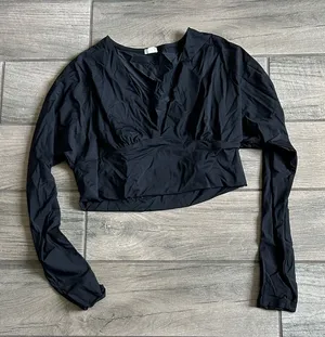 Garage Black Long Sleeve Cropped Wrap-Style Top thumbnail 1