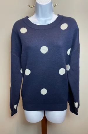 Les Serein Size L Navy Knit Sweater with Cream Polka Dots thumbnail 1